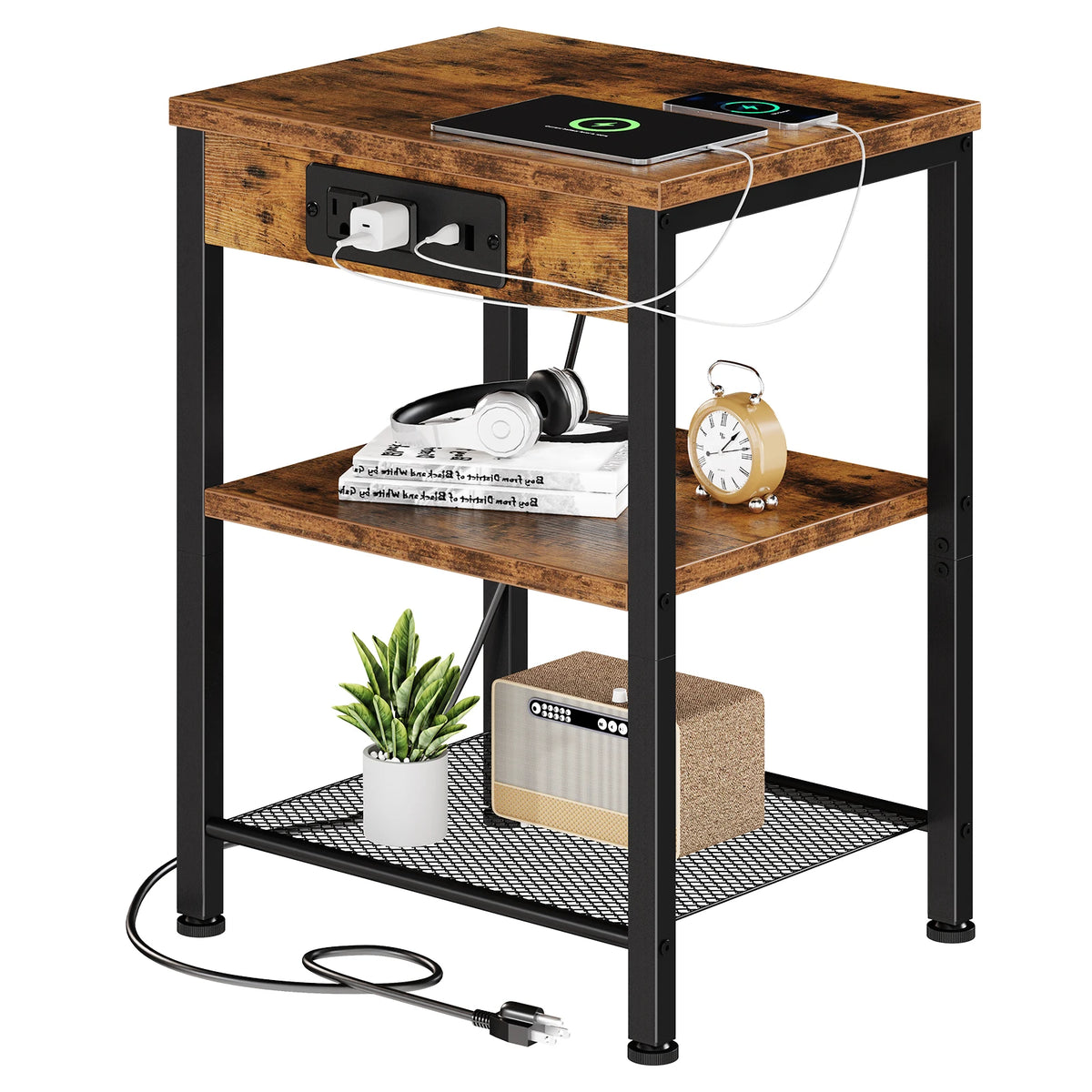 JHK 1/2 Pack 3-Tier Small Side Table with Charging Station Outlets and USB Ports Adjustable Nightstand for Living Room Bedroom Small Spaces ﻿