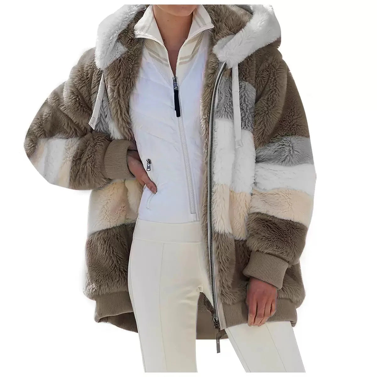 Women's Plaid Quilted Hooded Plush Jacket With Zipper Pockets