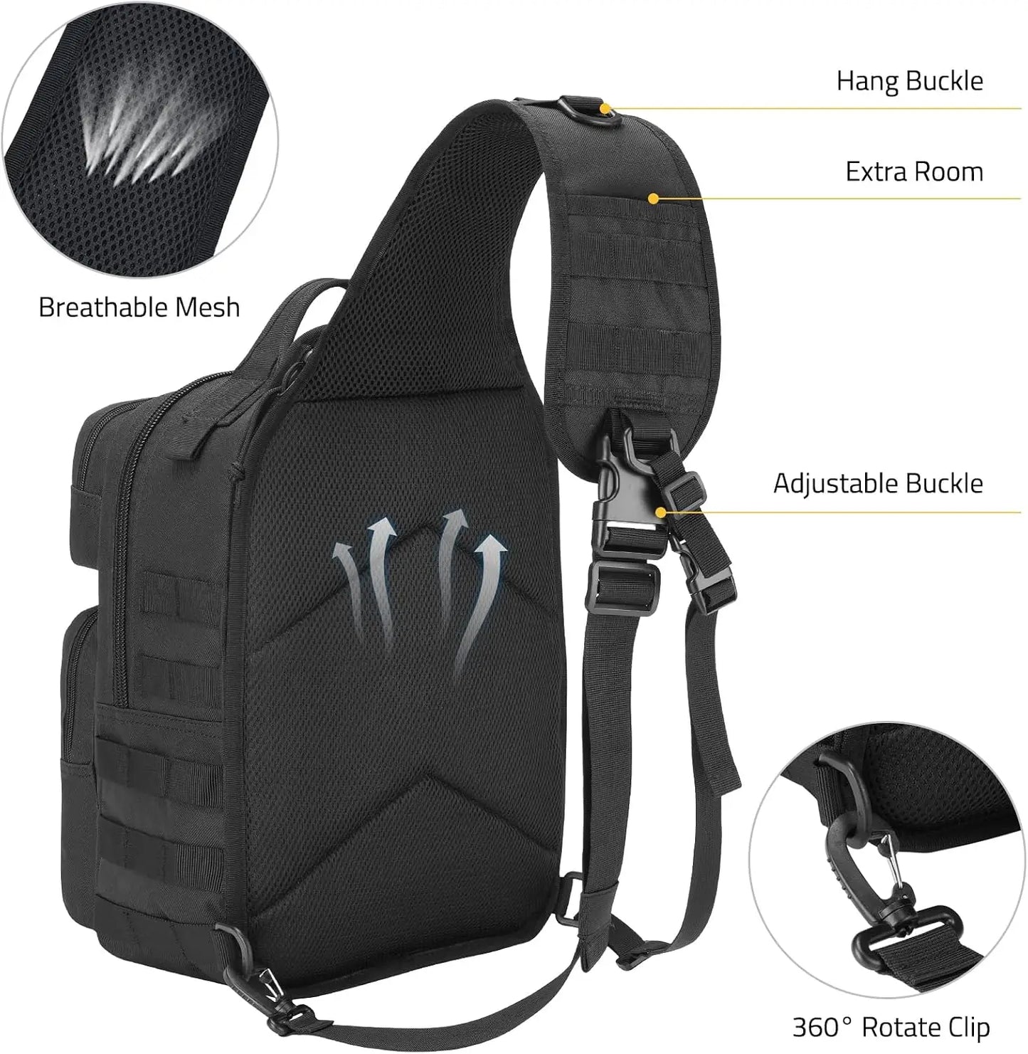 Tactical Sling Bag for Men, Detachable Molle Backpack with Bottle Holder, Hidden Pocket, EDC Hiking Daypack, Black