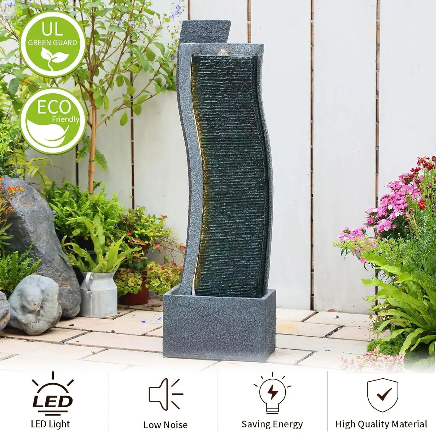 43H Modern Outdoor Water Fountain with LED Light Garden Cascading Curved Waterfall Feature for Indoor or Outdoor, Customized