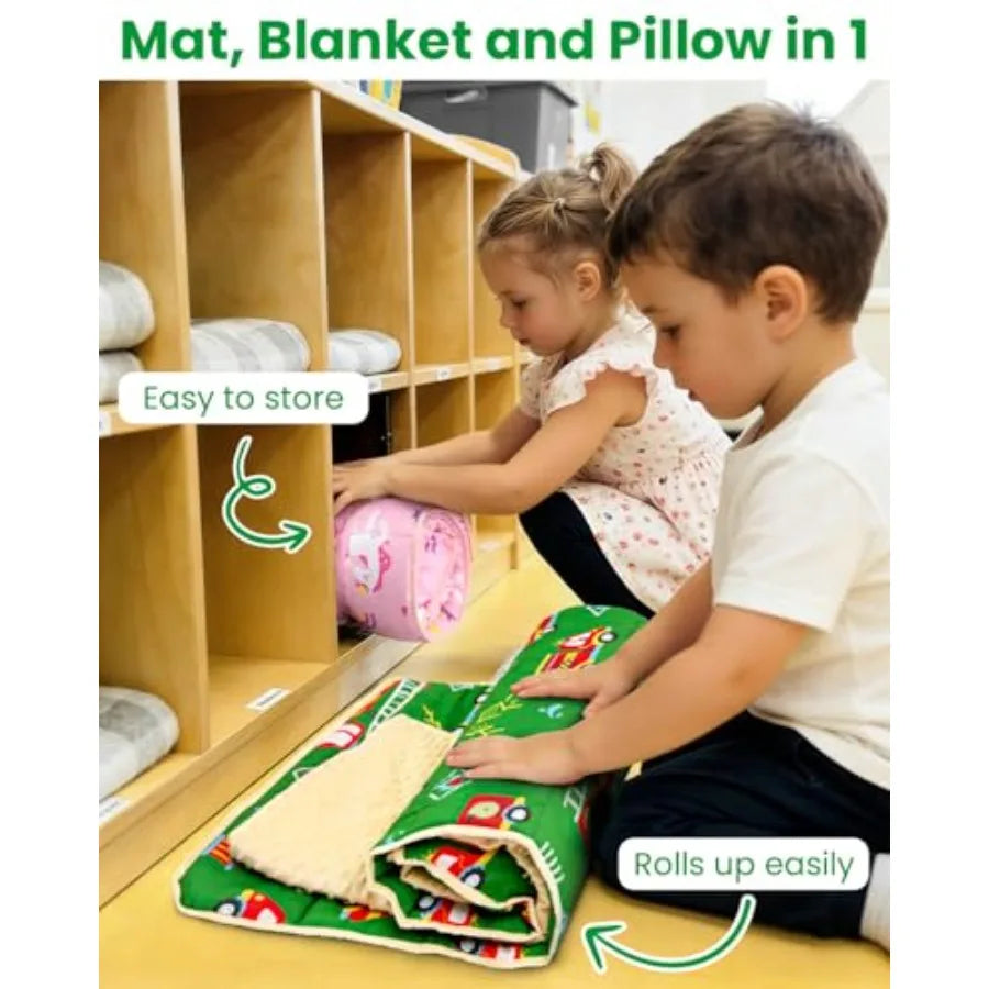 Toddler Nap Mat with Pillow and Minky Blanket Large 55"x38" Sleeping Bag Washable Lightweight Easy to Roll Perfect for Preschoo