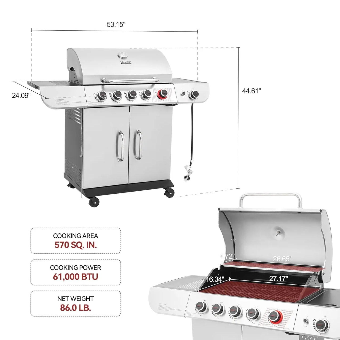 Five Burner Gas Grill With Sear And Side Burner Stainless Cabinet 61000 BTU