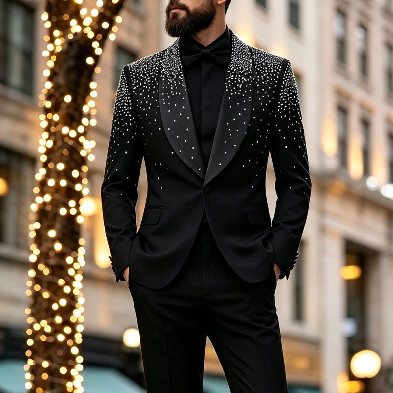 Men's 2-Piece Double-Breasted Shawl Lapel Suit Set - Slim Fit Polyester Silky Wrinkle-Resistant Handmade Tuxedo with Rhinestone Beads, Jacket & Dress Pants for Weddings, Party Wea