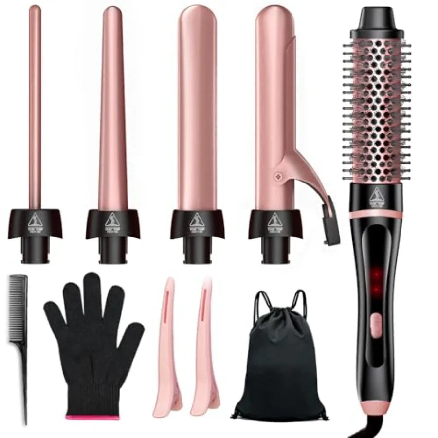 5 In 1 Curling Iron And Thermal Brush Set With Interchangeable Ceramic Barrels