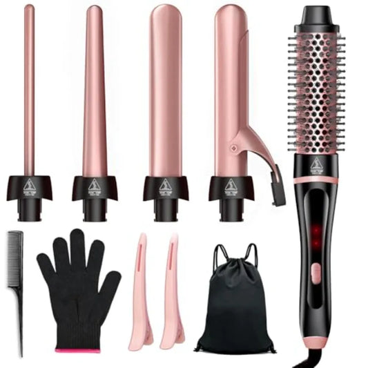 5 In 1 Curling Iron And Thermal Brush Set With Interchangeable Ceramic Barrels