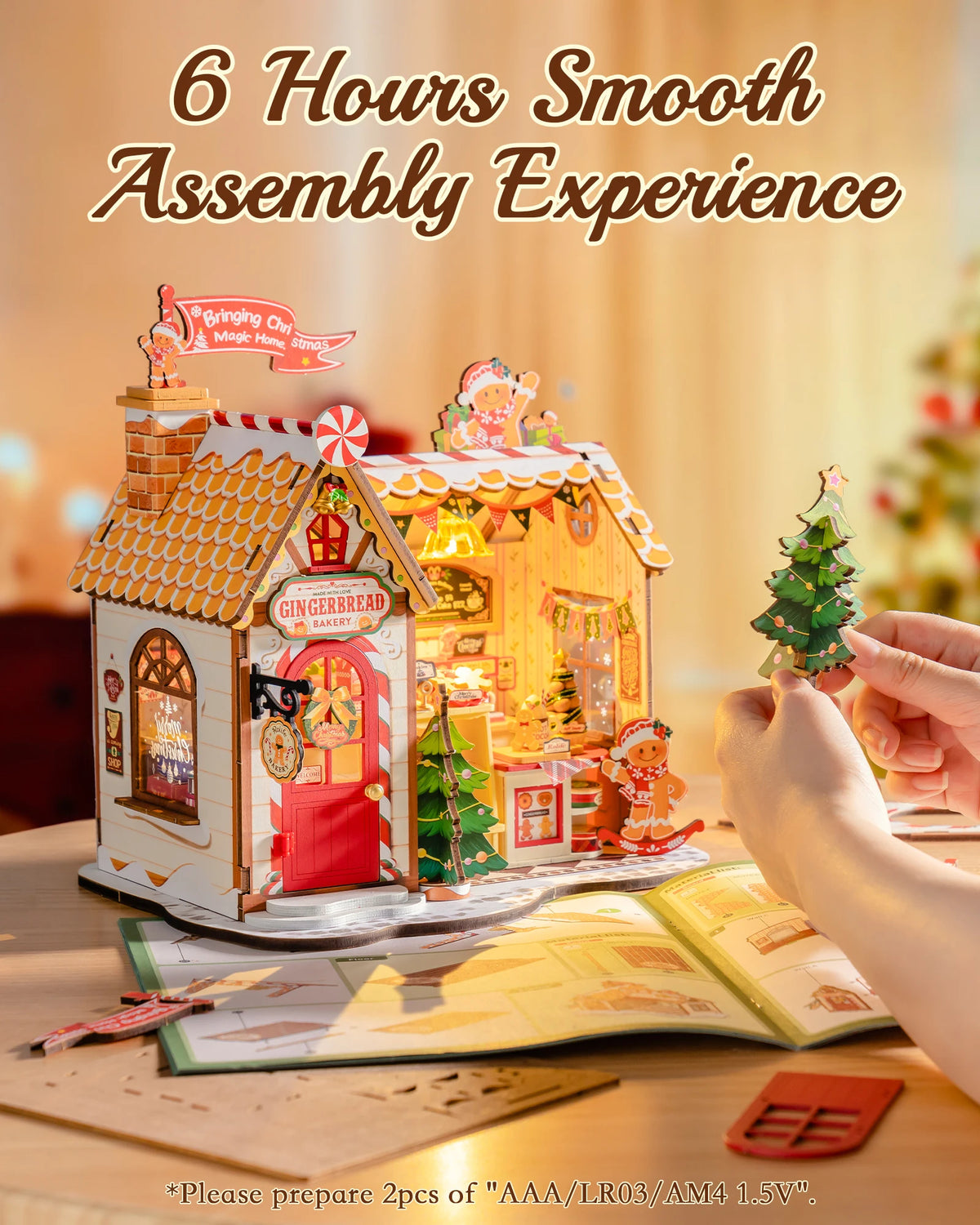 Rolife Gingerbread House DIY Miniature Dollhouse Wooden 3D Puzzle Model Building Kit with LED Light for Christmas Home Decor Gift for Adults Friends