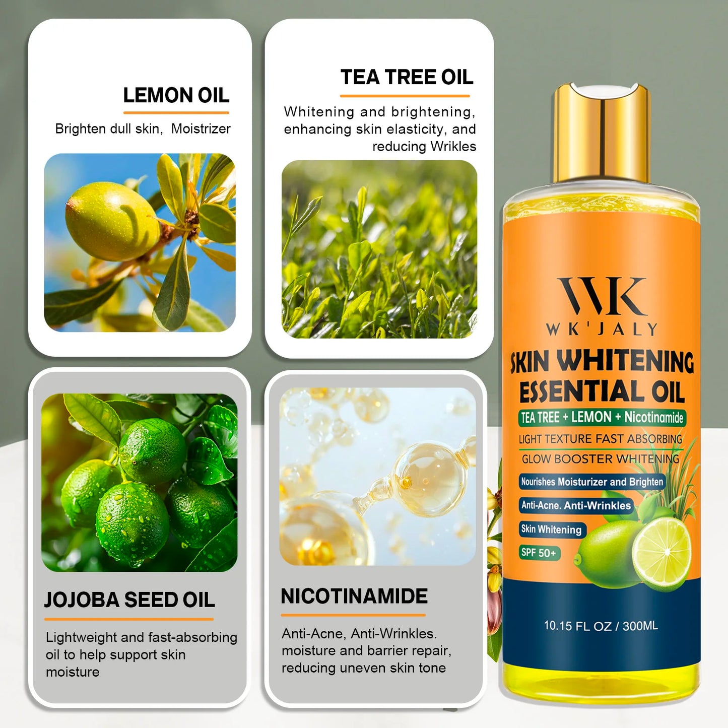 WK JALY Lightening Body Oil, Deeply Moisturizing, Hydration, Smooth Skin, Reduce Spots, Melanin, for Dark, Black, Caramel Skin