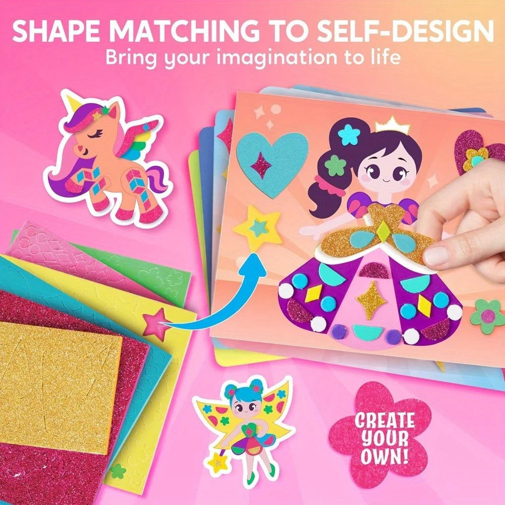 Foam Art Kit for Kids EVA Foam Stickers with 6 Art Board and 800+ Stickers, DIY Arts and Crafts for Boys Girls Age 3+, Unicorns & Princesses Birthday Gifts Travel Toy