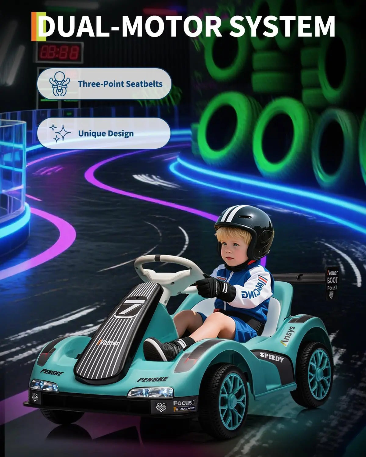 Kids Electric Drift Go Kart, Dual Motor Ride-on Car with LED Lights, Safety Belt & 2.4G Remote Control for Ages 3-12 Years