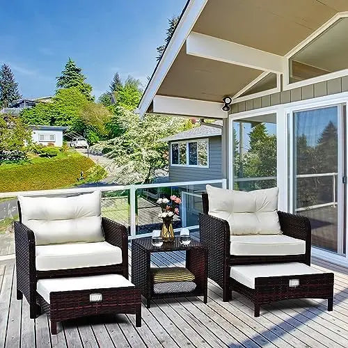 5 Pieces Patio Furniture Set, Rattan Balcony Furniture with Ottomans, PE Wicker Outdoor Patio Chairs Set with Coffee