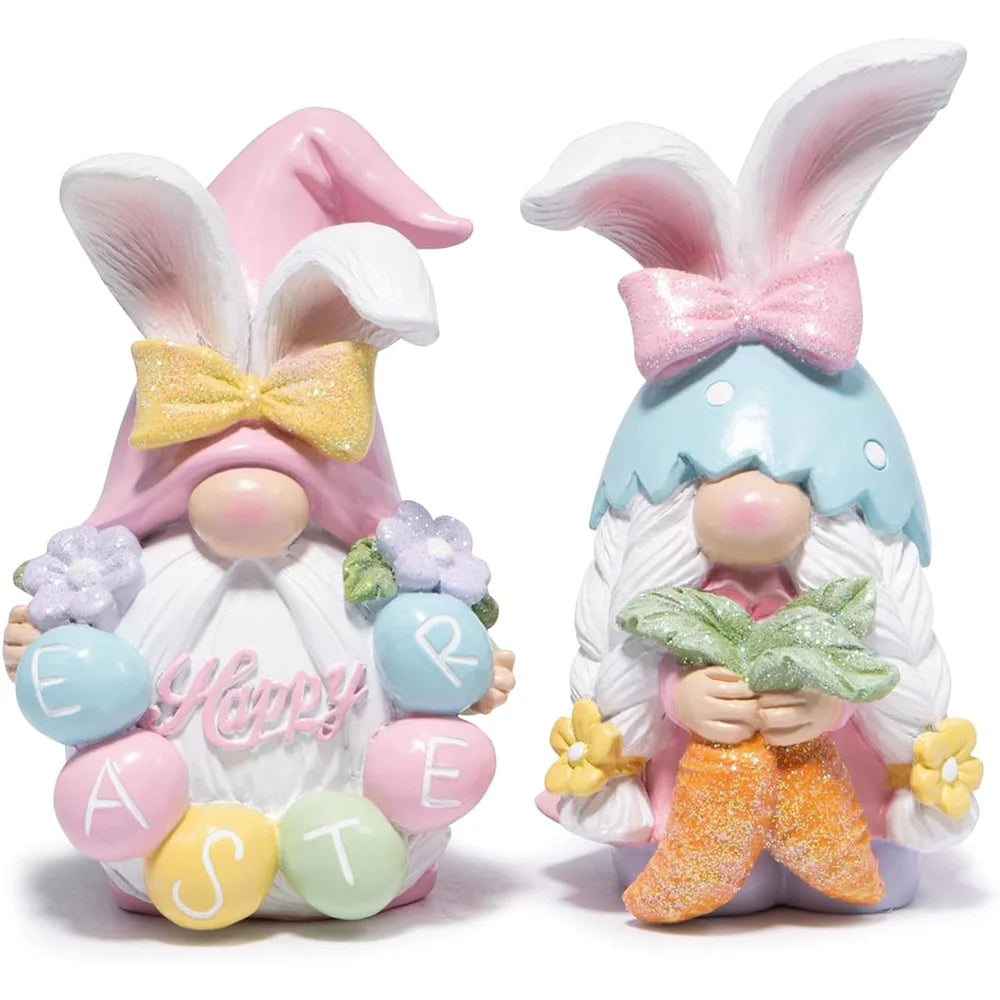 Hodao 5in Easter Gnome Figure Set, Premium Resin Bunny Gnomes with Glitter Bows, Pastel Eggs, Flowers and Sparkle Carrot, Cute Collectible Spring Decor for Tabletop Shelf Mantel Living Room Tiered Tray, Easter Party Home Deco