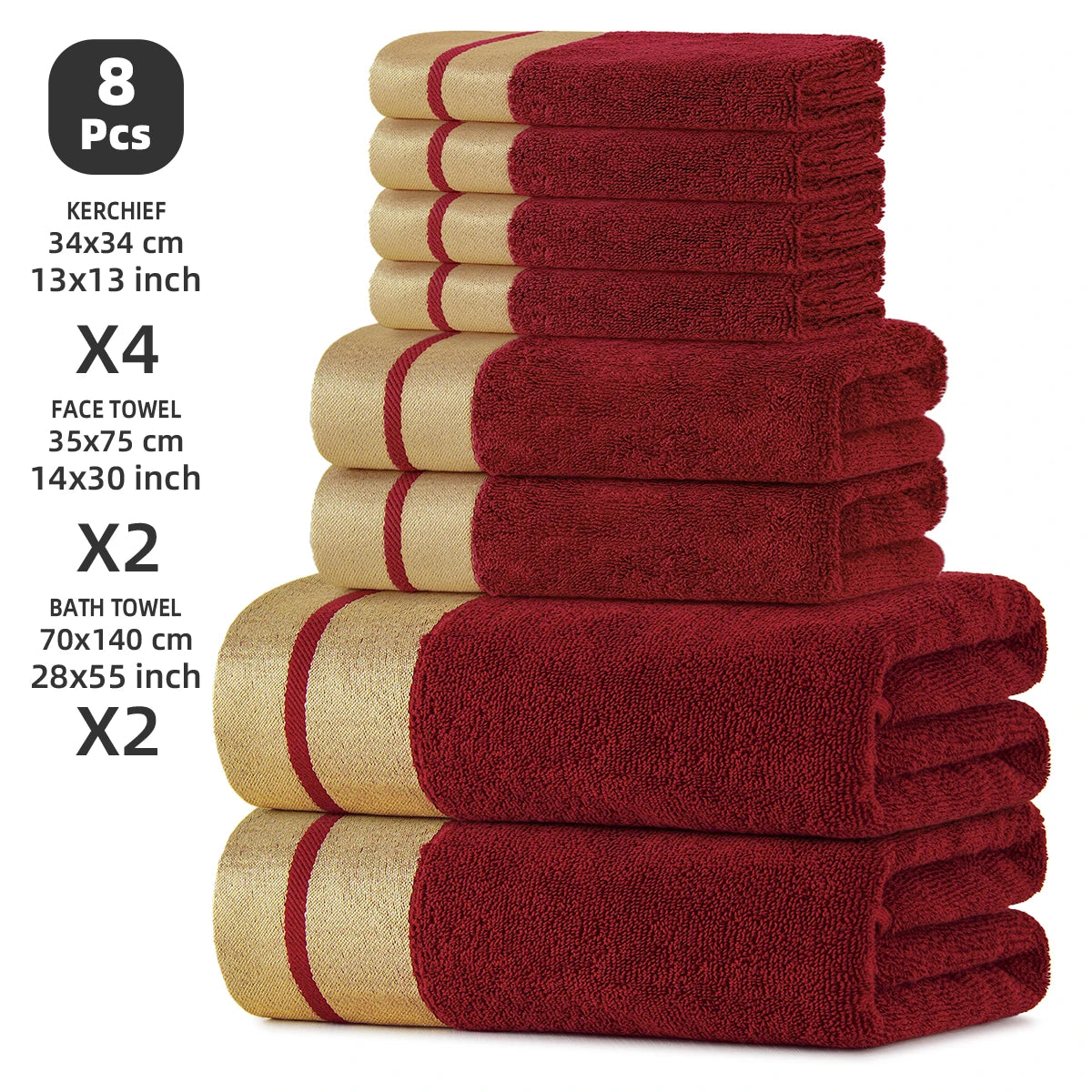 8-Piece Luxury Pure Cotton Bath Towel Set, 2 Bath Towels + 2 Face Towels + 4 Washcloths, Soft and Comfortable, Highly Absorbent, 100% Cotton Towels, Bathroom Decoration Accessories, Everyday Use Towels