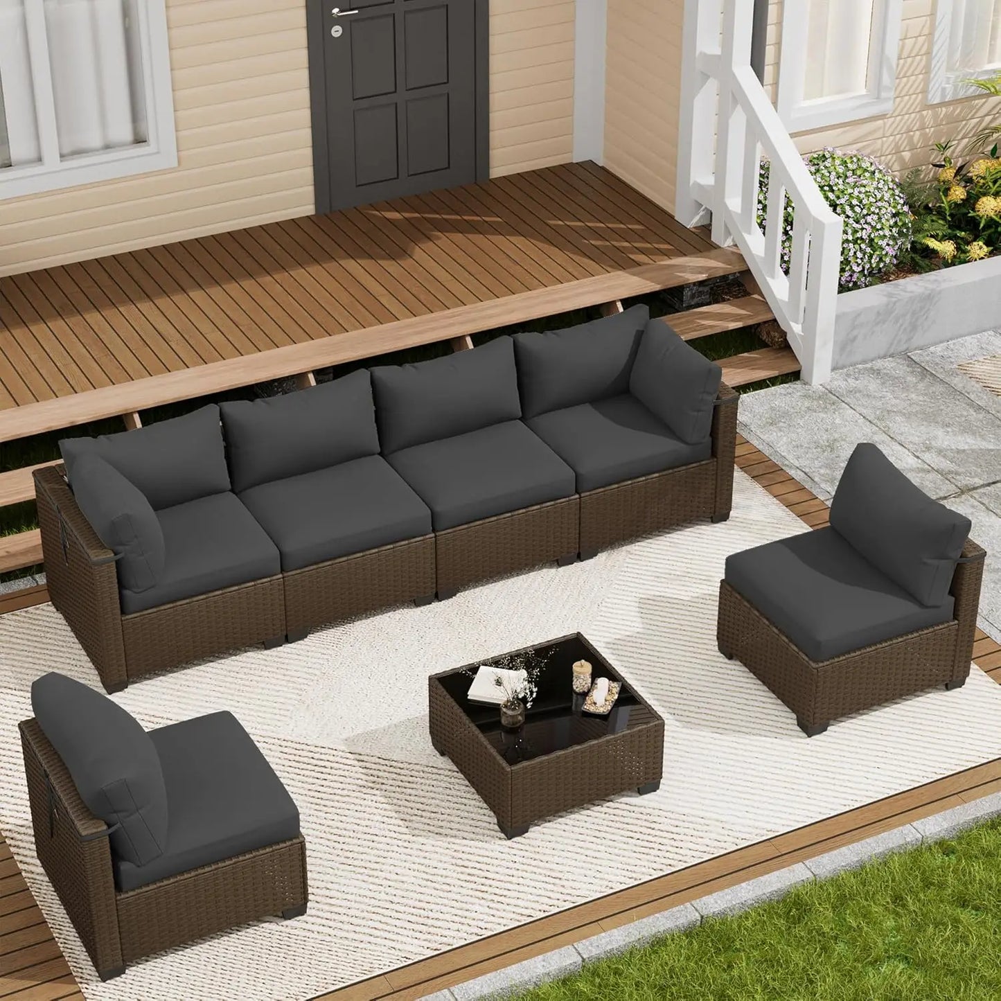 7 Piece Outdoor Patio Furniture Set, Outdoor Sectional Sofa, Wicker Rattan Patio Furniture, Patio Conversation Set with, Custom