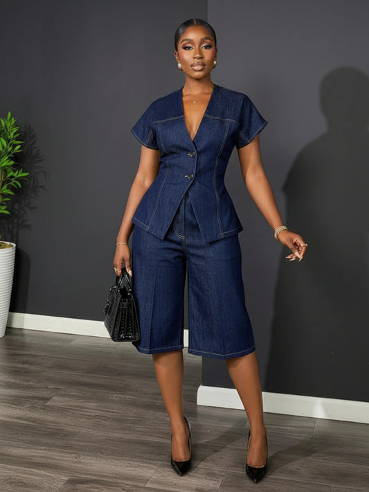 Women V Neck Short Sleeve Blazer + High Waist Capri Pants Set Button Front Tailored For Formal Business Party Occasion