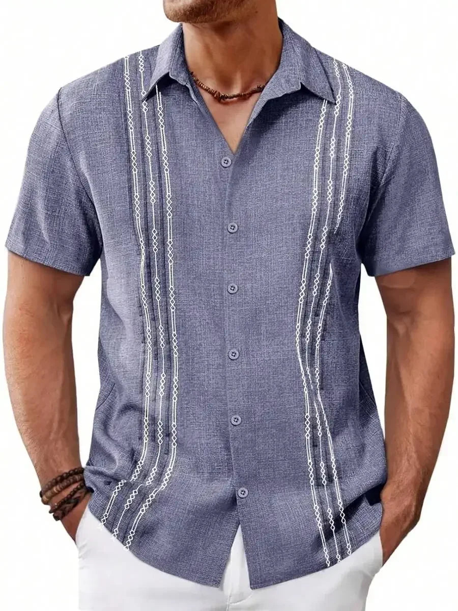 Mens Short Sleeve Button Up Shirt Casual Embroidered Linen Blend Summer Beach Wedding