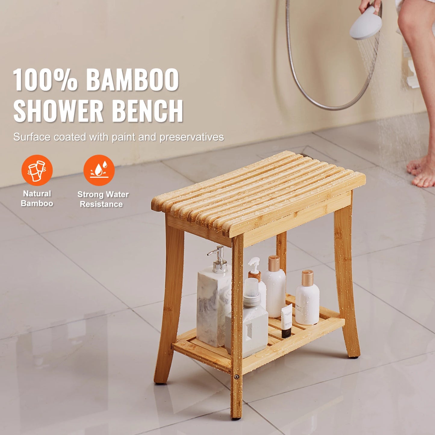 SucceBuy Bamboo Shower Bench With Storage Shelf 330lb Capacity