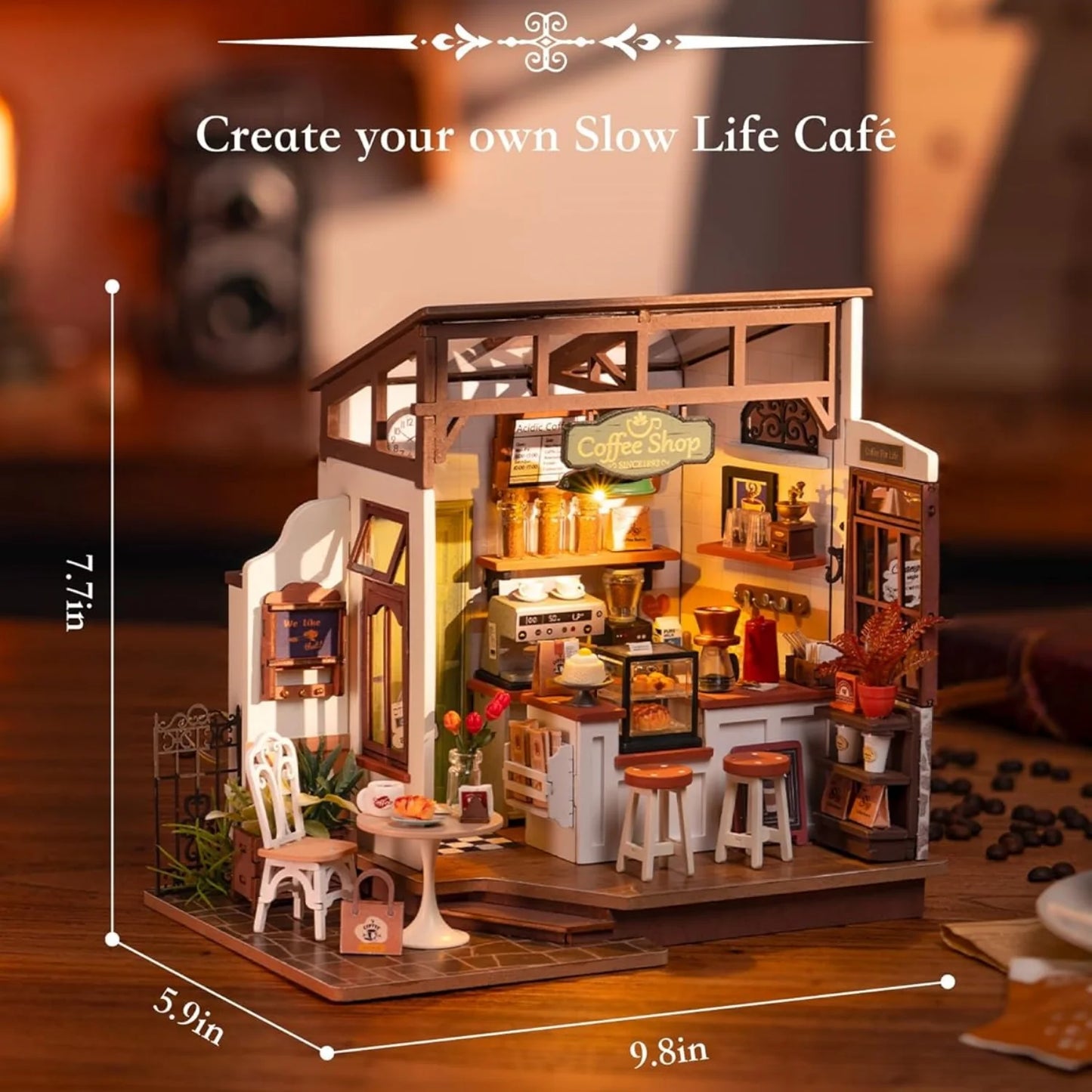 Rolife Wooden 3D Puzzle Flavory Café DIY Miniature House Kit Mini Dollhouse Model Building Kit with LED Light for Desk Decor Gift for Adults Friends