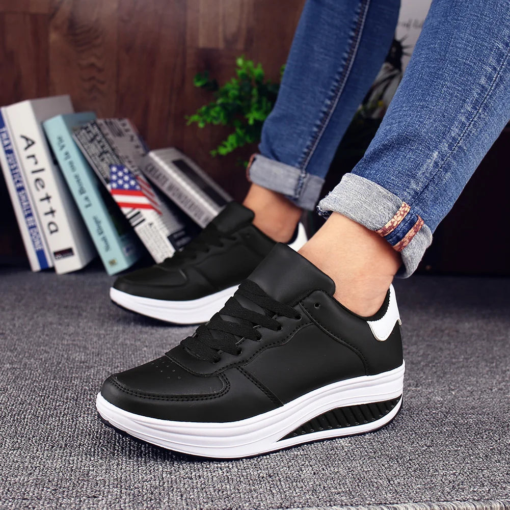 Women Leather Platform Swing Wedge Sneakers Lace Up Non Slip Thick Rocker Bottom Lightweight Walking Shoes Fashion Daily Outdoor Casual Sports Footwear 2026 New Arrival