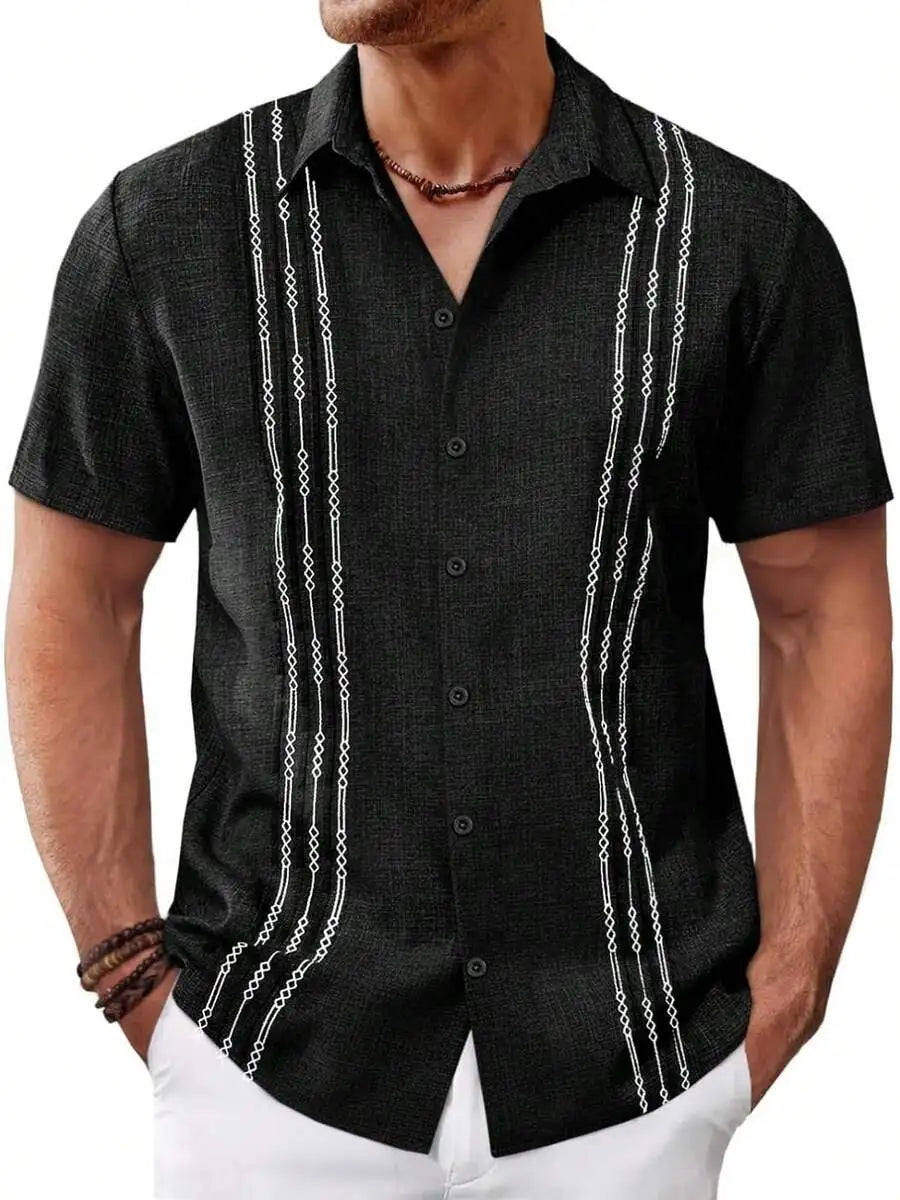 Mens Short Sleeve Button Up Shirt Casual Embroidered Linen Blend Summer Beach Wedding