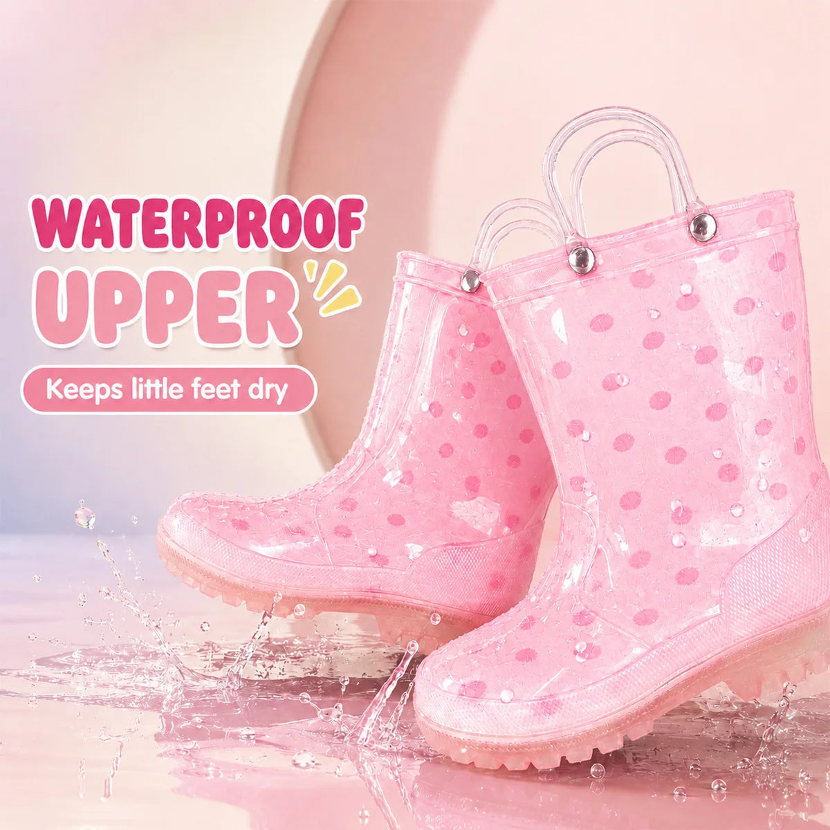 Kids Rain Boots with Pull Handles, Cute Cartoon Polka Dot Design, Girls Waterproof Wellies for Outdoor Water Play, Camping and Adventures