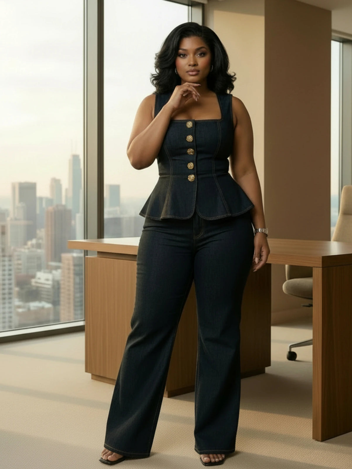 Women's Plus Size Square Neck Sleeveless Peplum Top Matching Flare Long Pants For Office Daily Street Fashion Occasions