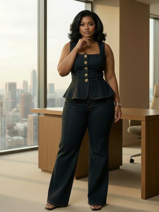 Women's Plus Size Square Neck Sleeveless Peplum Top Matching Flare Long Pants For Office Daily Street Fashion Occasions