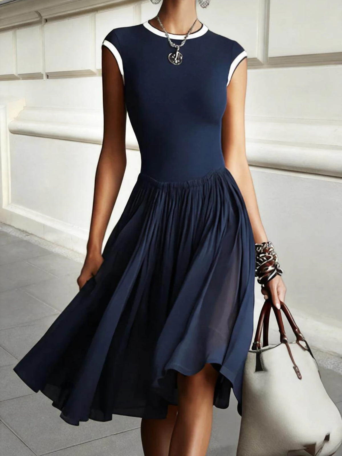 Women Contrast Trim Round Neck Cap Sleeve Fit And Flare Midi Dress Elegant Daily Commute Casual Swing Dress