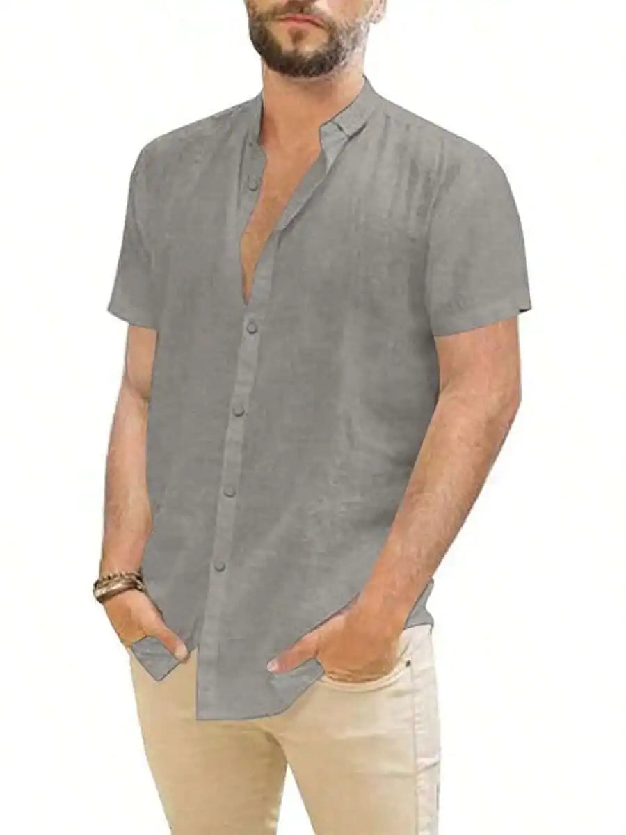 Mens Casual Linen Button Down Short Sleeve Shirt Beach Summer Spread Collar