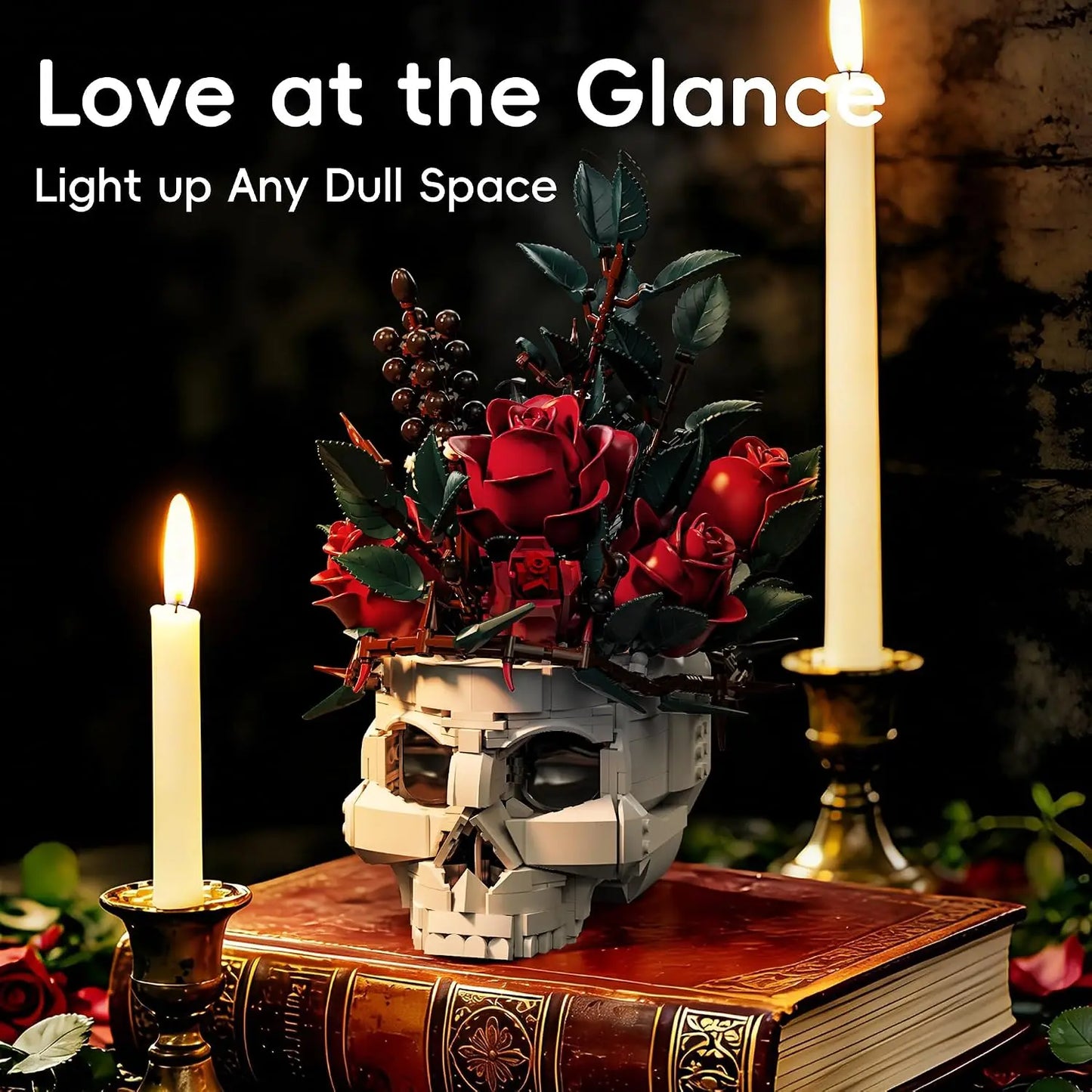 Gothtic Skull Flowers Roses Building Blocks Set for Adults, Horror Skeleton with Red Bouquet Botanical Collection Home Art Decor Gift for Women Girls Halloween Valentine's Day for Adult 1107pcs