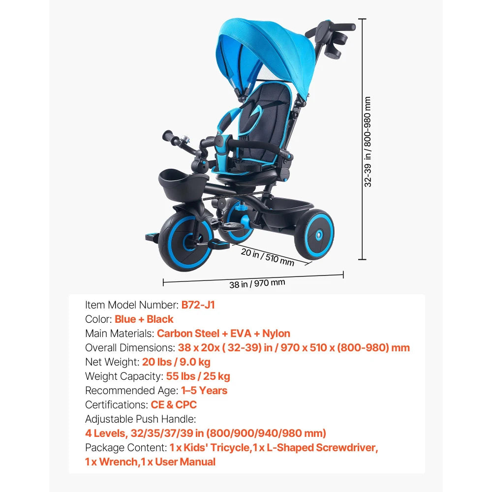 Toddler Tricycle & Stroller for 1-5 Year Old, 6-in-1 Kids Trike with Parent Push Handle, Canopy, Adjustable Seat and Storage, Tricycle for Toddlers, Birthday Toy for Boys and Girls, Blue/Black
