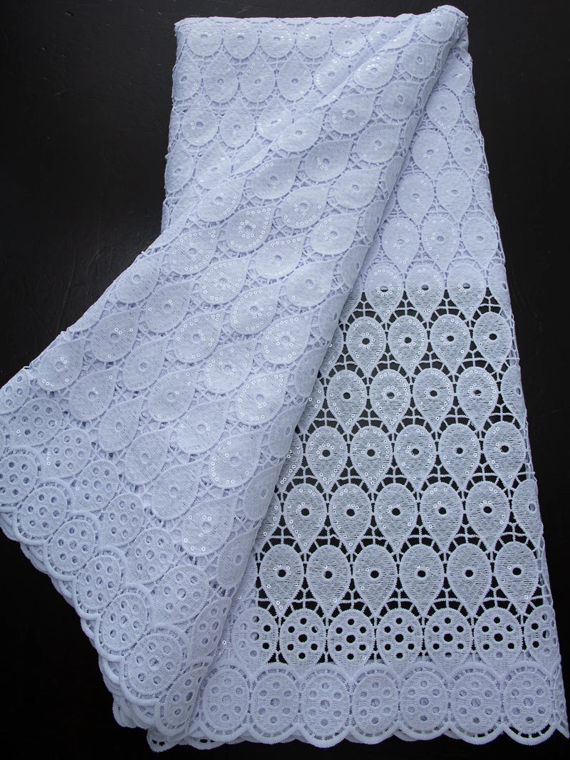 Pure White Nigerian Guipure Lace Fabric Water Soluble African Sequin Cord