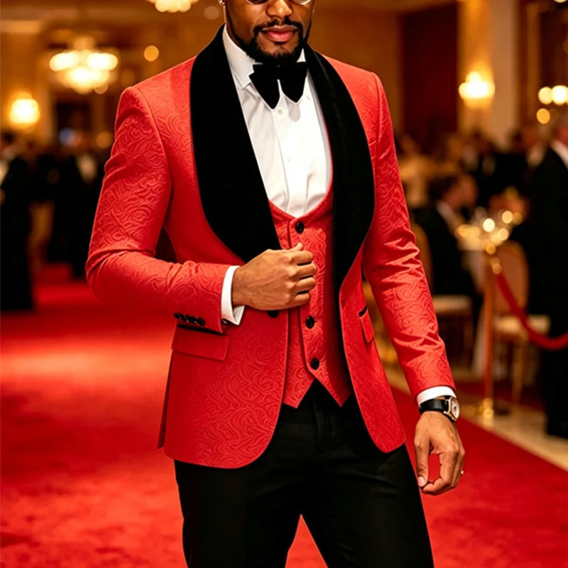 Slim Fit Men 3Pcs Jacquard Tuxedo Suit, Shawl Lapel Blazer+Vest+Pants, Formal Wedding Groom Suit, Multi Color White Red Khaki Violet Black