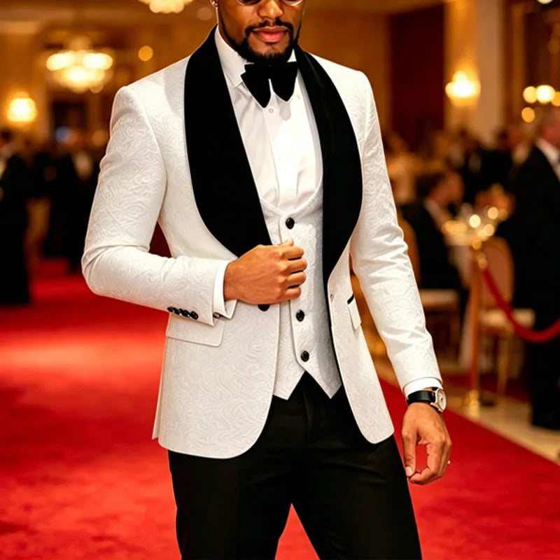 Slim Fit Men 3Pcs Jacquard Tuxedo Suit, Shawl Lapel Blazer+Vest+Pants, Formal Wedding Groom Suit, Multi Color White Red Khaki Violet Black