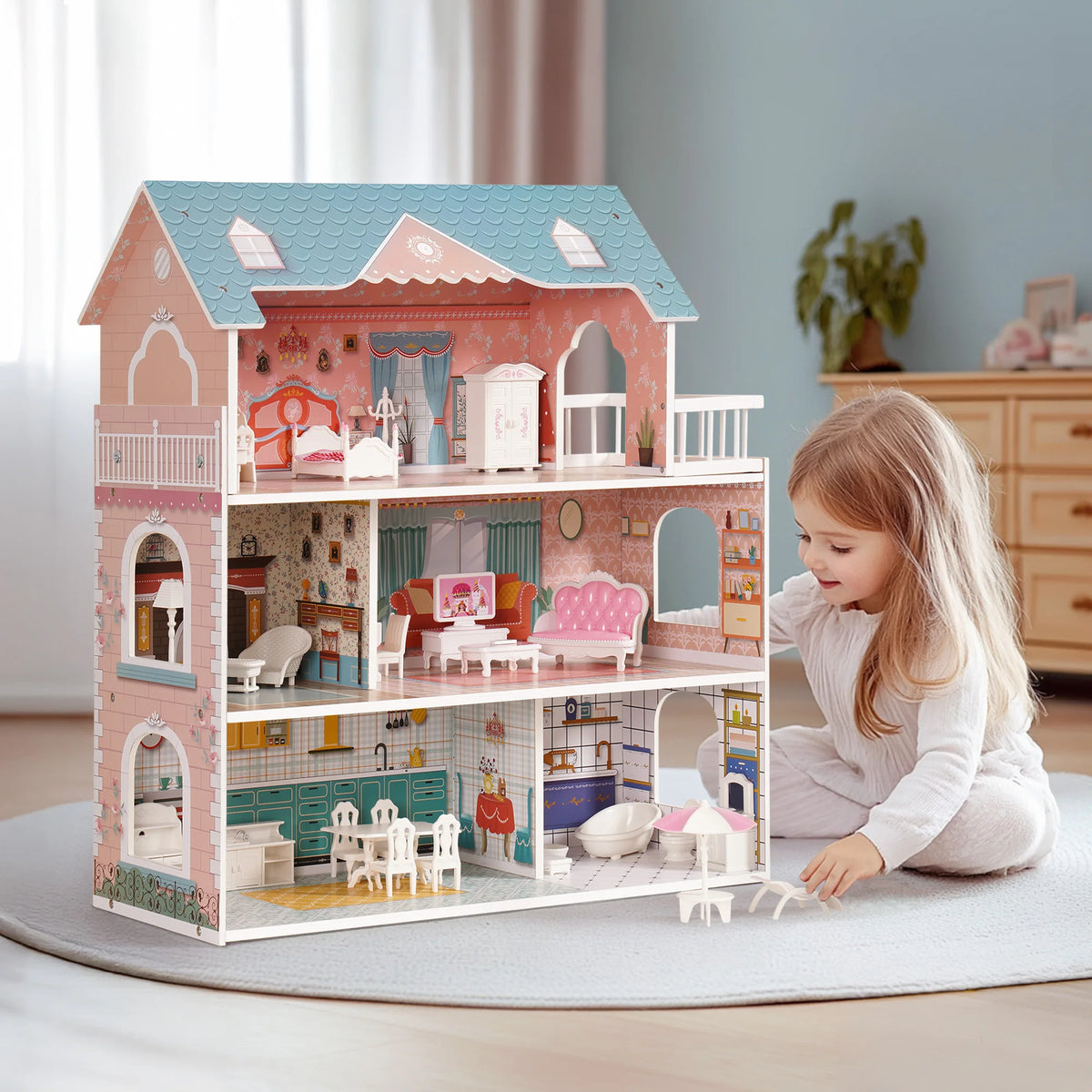 ROBUD Wooden Dollhouse 3 Story 6 Room with 31PCS Furniture Set, Kids Pretend Play Doll House Toy, Miniature House Gift for Girls Boys Age 3+