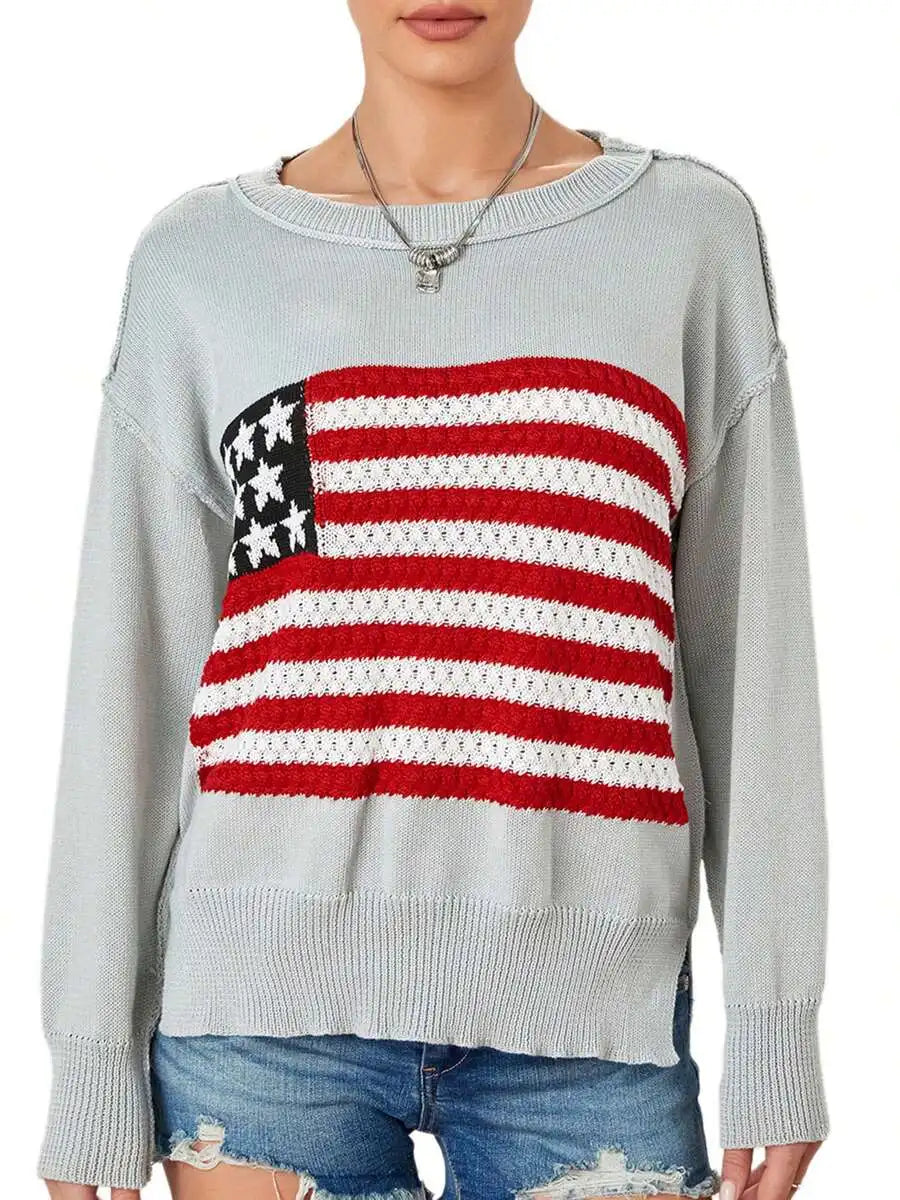 Women American Flag Knit Sweater Long Sleeve Loose Pullover Casual Streetwear Y2k Vintage