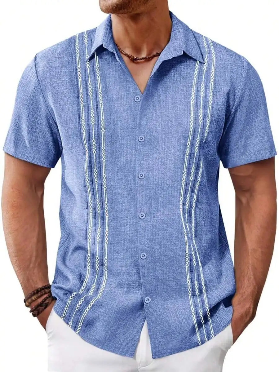 Mens Short Sleeve Button Up Shirt Casual Embroidered Linen Blend Summer Beach Wedding
