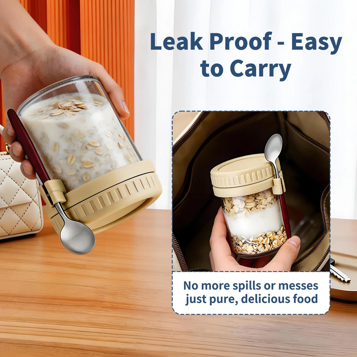 16oz Overnight Oats Jars with Lid and Spoon, Leak Proof Glass Breakfast Cup with Measurement, Portable Yogurt Cereal Container for Travel Office