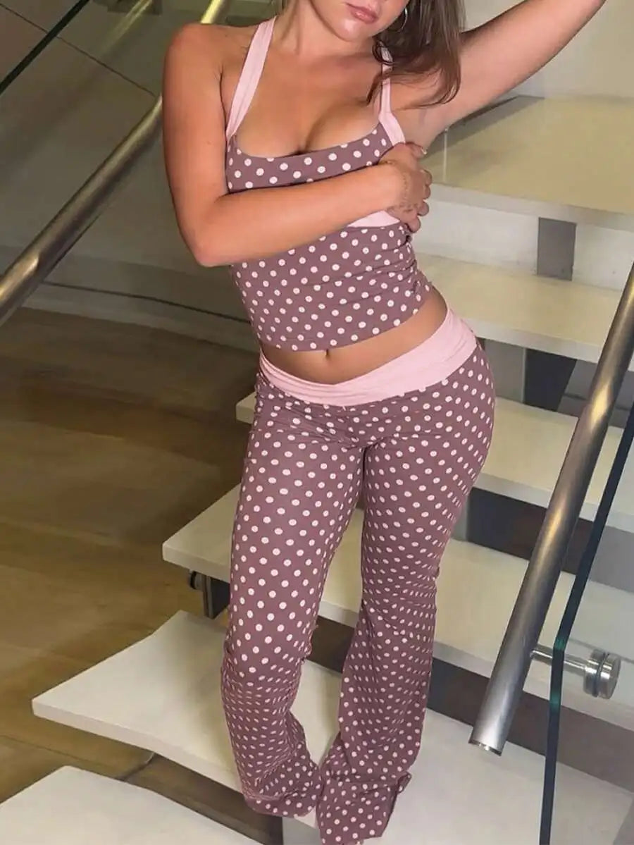 Womens Polka Dot 2-Piece Casual Outfit Street Style For Vacation Party Spring Summer Pink