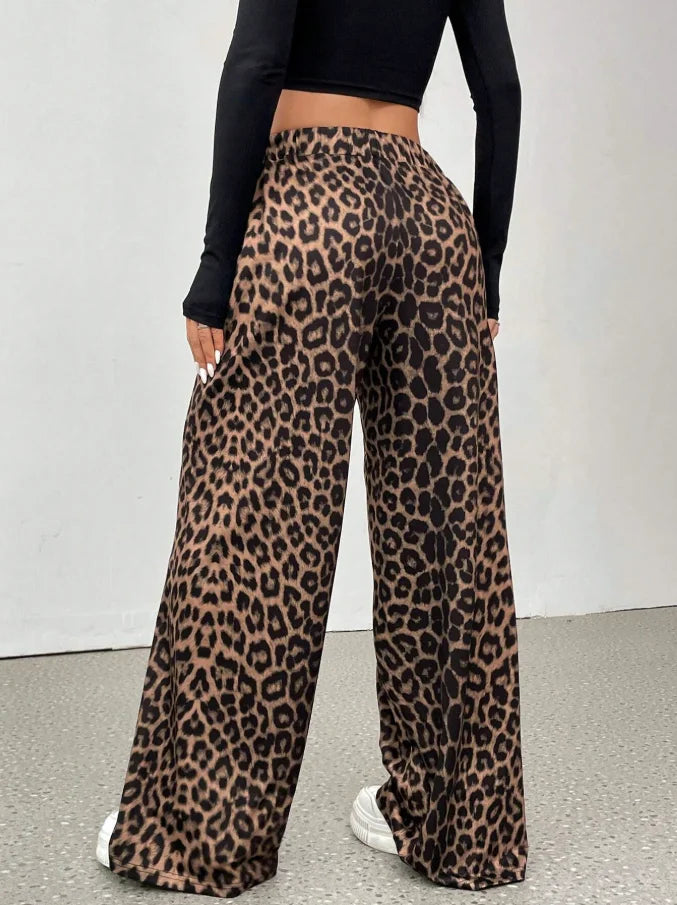 Women Leopard Print Wide Leg Pants Elastic High Waist Loose Casual Trousers Streetwear Y2K Fashion Long Palazzo Pants