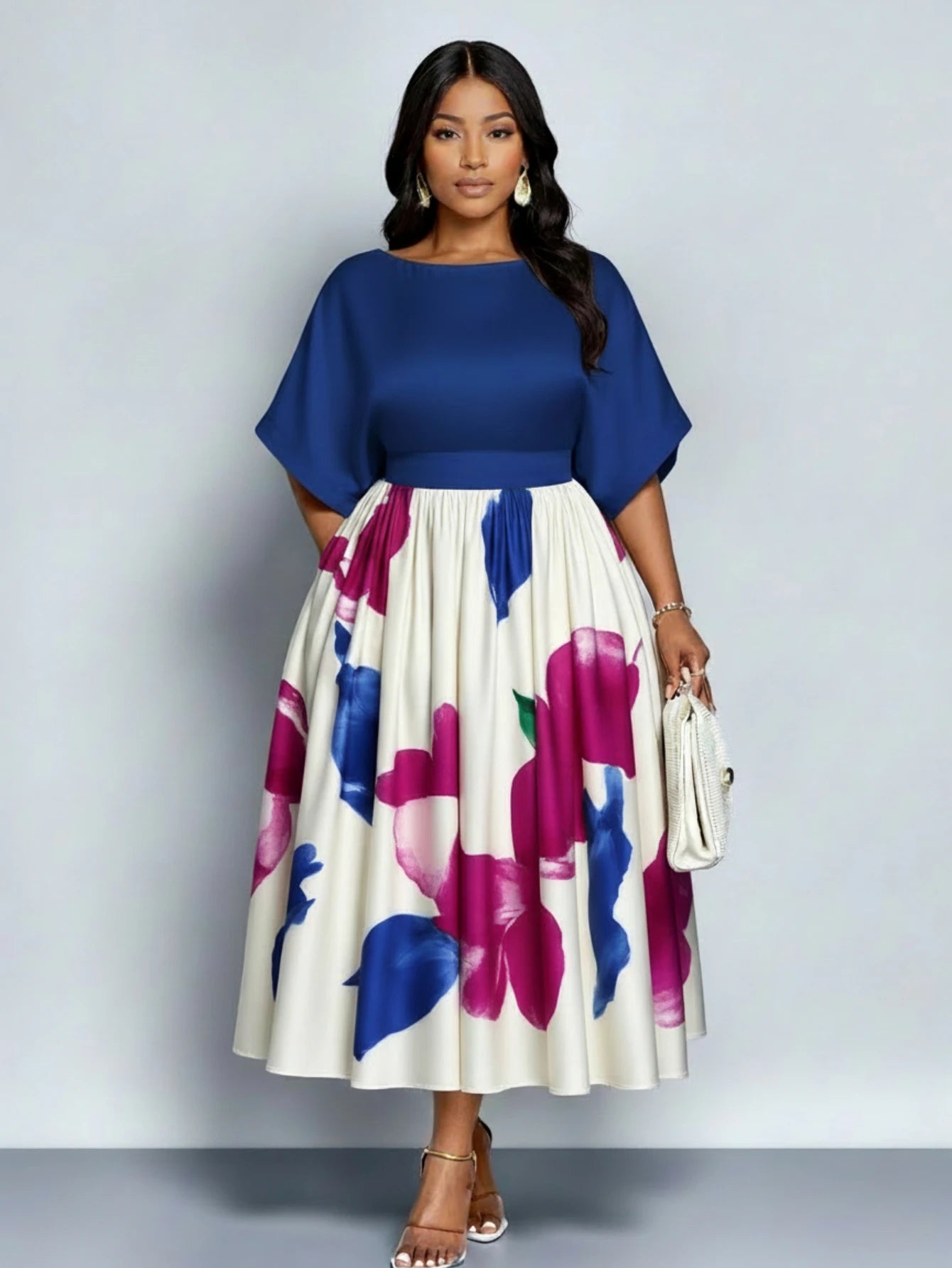 Women Pleated Floral Midi Dress Batwing Sleeve Polyester Elegance