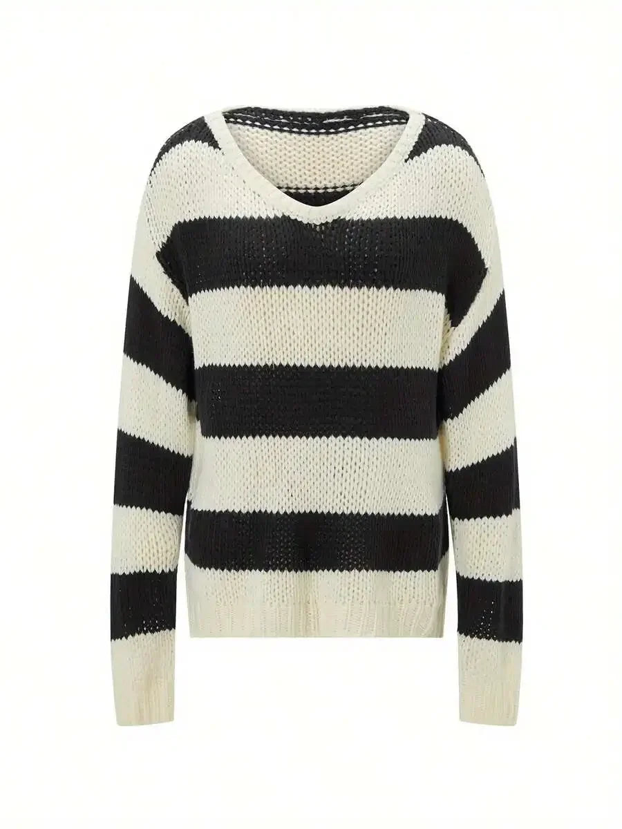 Womens Striped Knit Sweater Drop Shoulder Long Sleeve Loose Fit O-Neck Top