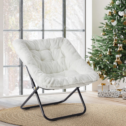 JHK 28IN Cozy Saucer Chairs Soft Faux Fur Large Size Folding Lounge Living Room Padded Seat Metal Frame Reading Chair Furniture