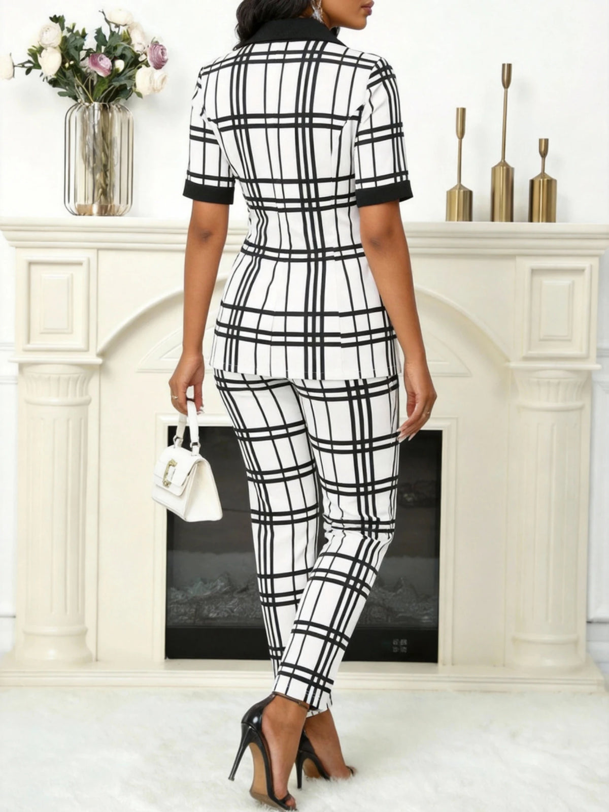 Women Lapel Short Sleeve Blazer + High Waist Plaid Slim Pants Set Button Front Business For Office Party Occasion