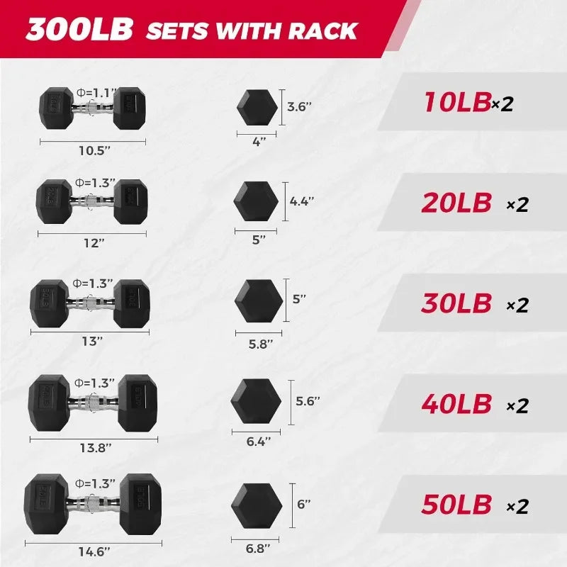 RitFit Rubber Hex Dumbbell Set With Rack 250-650 Lb
