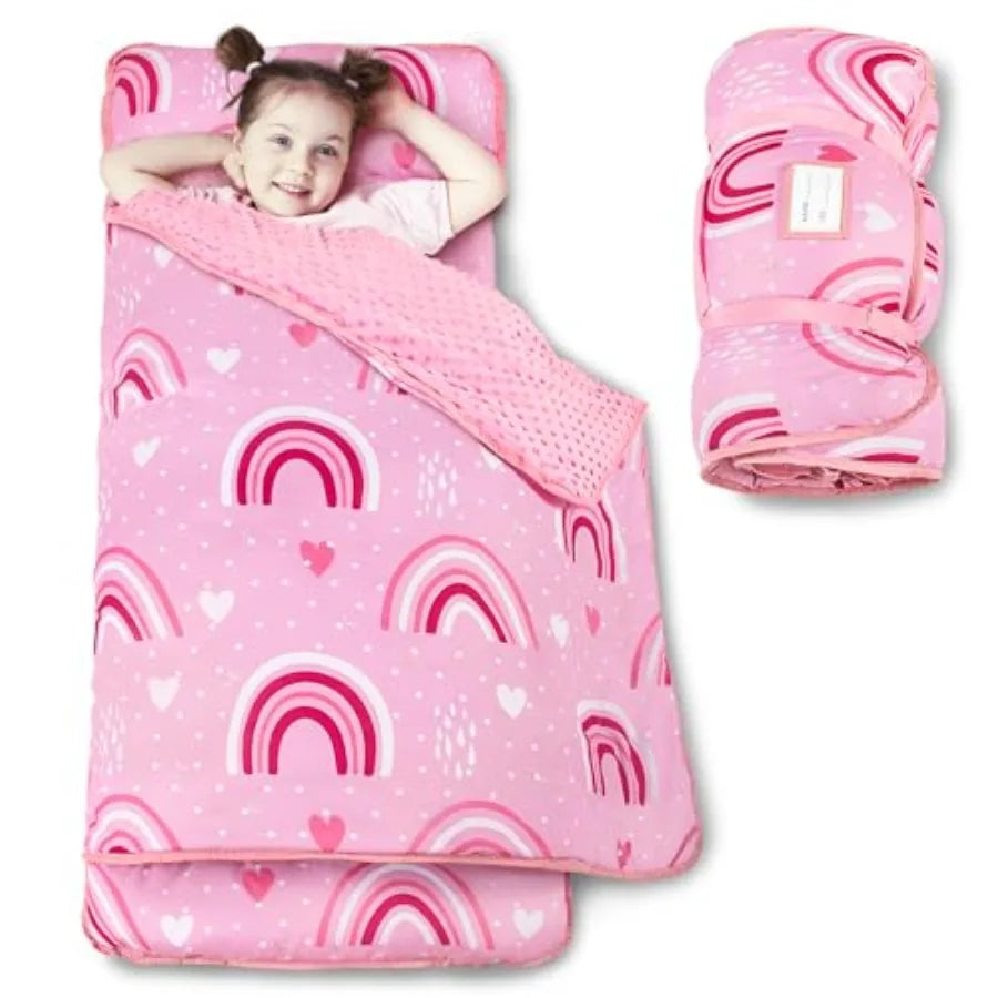 Toddler Nap Mat with Pillow and Minky Blanket Large 55"x38" Sleeping Bag Washable Lightweight Easy to Roll Perfect for Preschoo