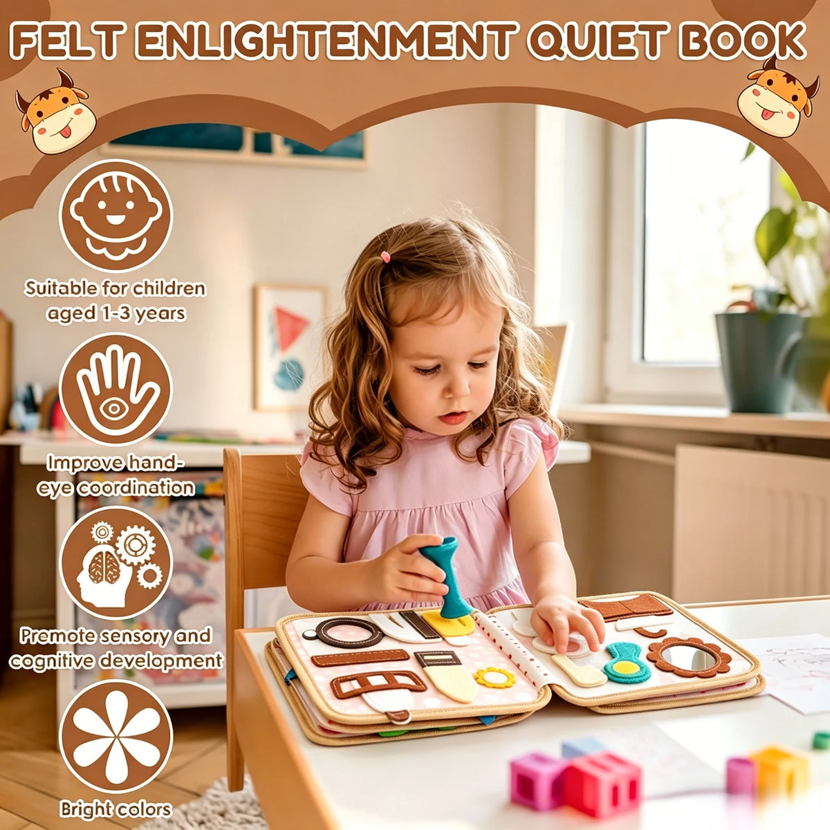 Children's baby Early Education Intelligence Learning baby Toys Felt Learning Board, Busy Board, Busy Book, Cloth Book, Including Life Skills, Alphabet, Numbers, Shapes Colors, Animals, Weather, Toddler Travel Toys, Birthday