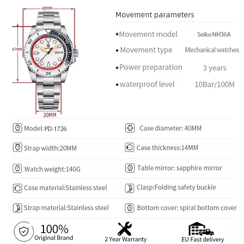 Pagani Design NH36 Automatic Wristwatch Week Date Sapphire Glass Stainless Steel