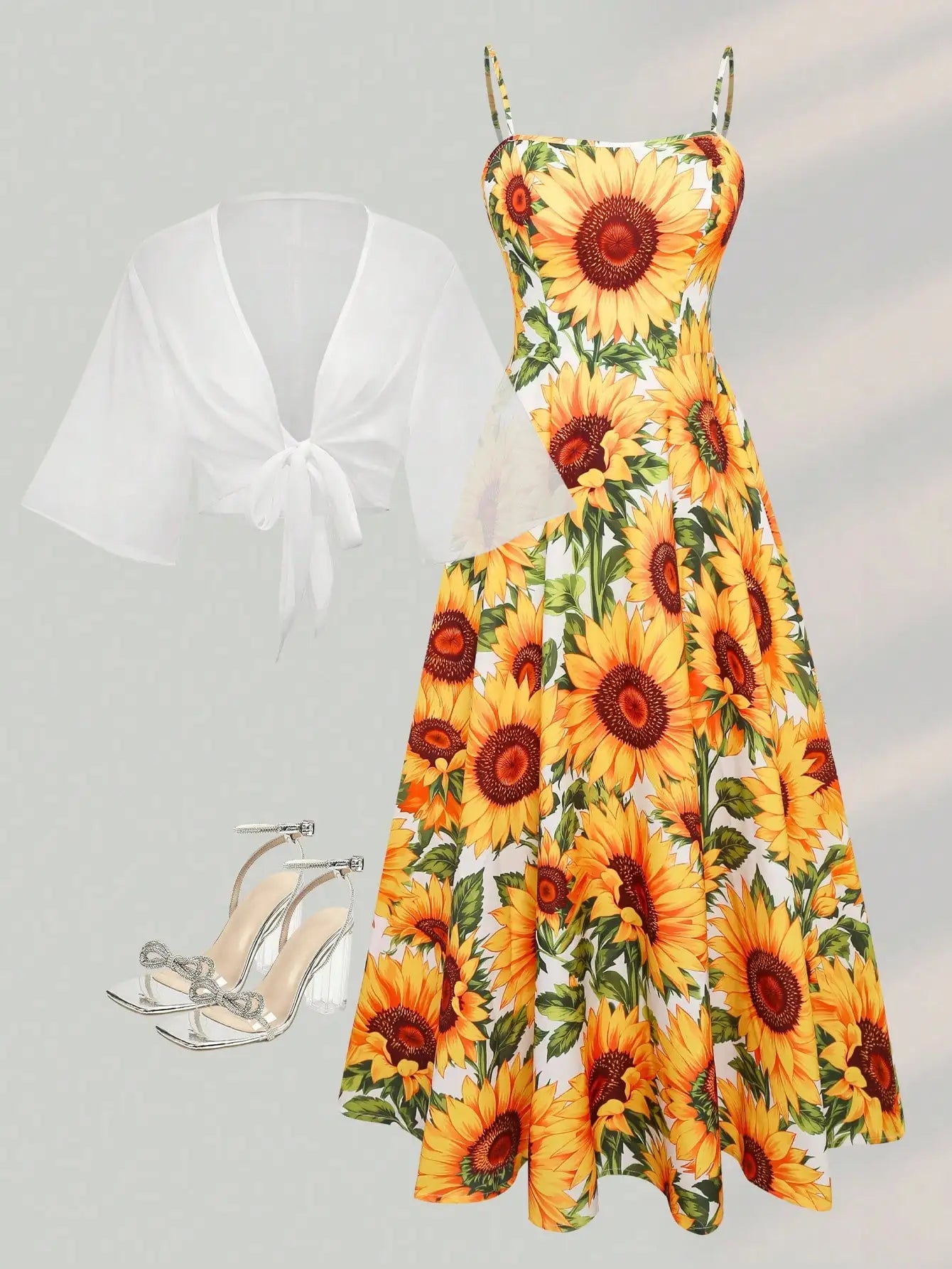 2 Pieces Women's Floral Chiffon Dress Elegant Romantic Date Outfit Spring Summer