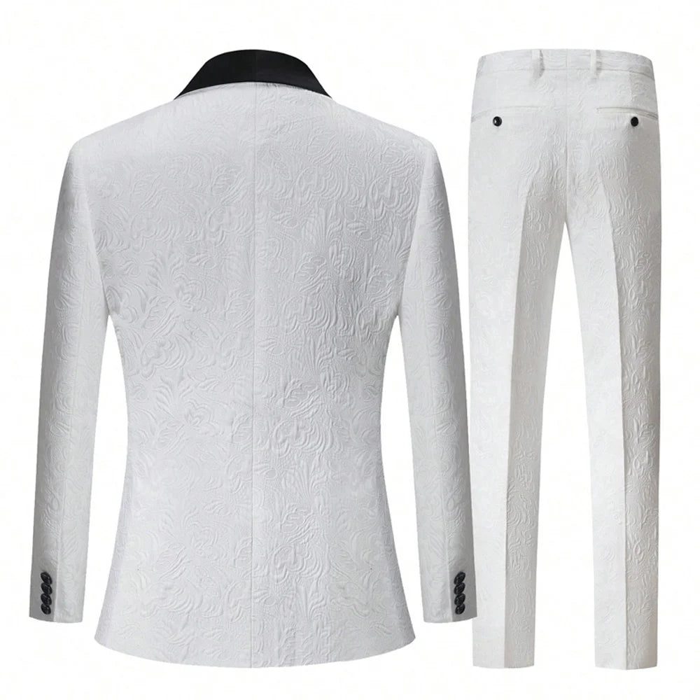 Men Double Breasted White Jacquard Tuxedo 2PCS Black Satin Shawl Lapel Suit Jacket Pants Formal Prom Banquet Wedding Groom Outfit