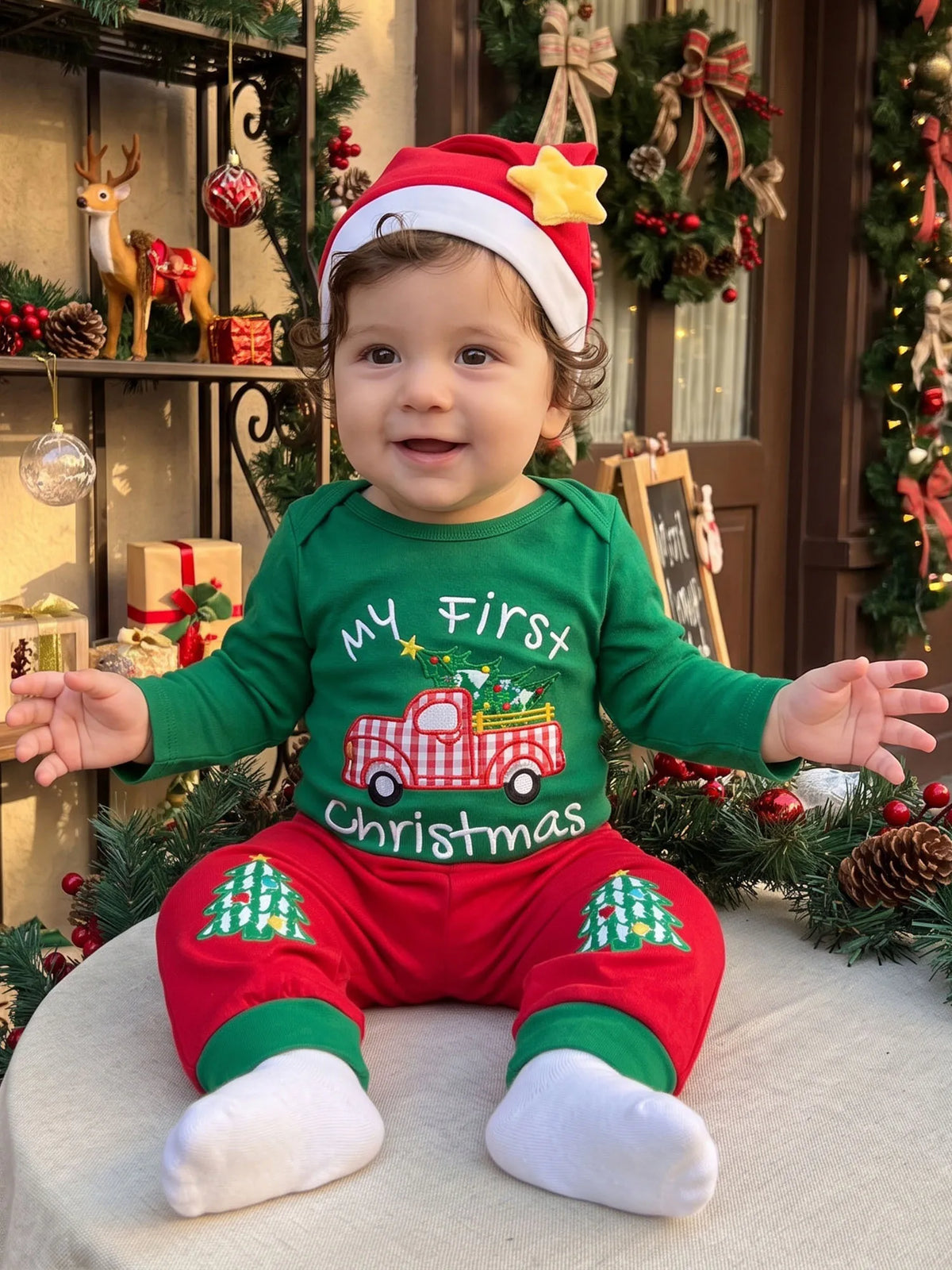Neck Long Outfit Romper Pants Crew Sleeve Romper Hat 3 3 Pcs Set Crew Neck Top Rated Baby Christmas Outfit